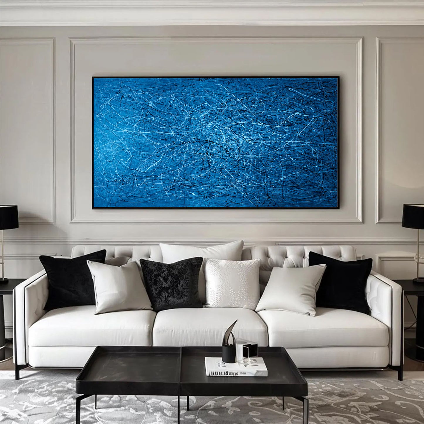 Large Blue Abstract Drip Painting on Canvas