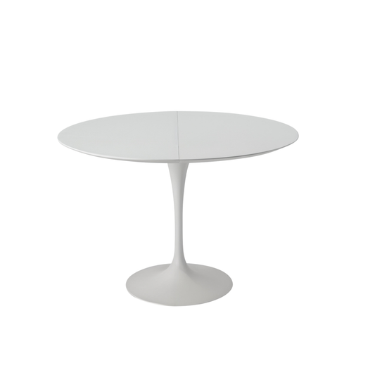 Round white tulip dining table on a white background