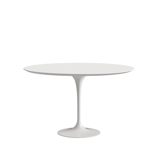 White round table with a pedestal base on a white background