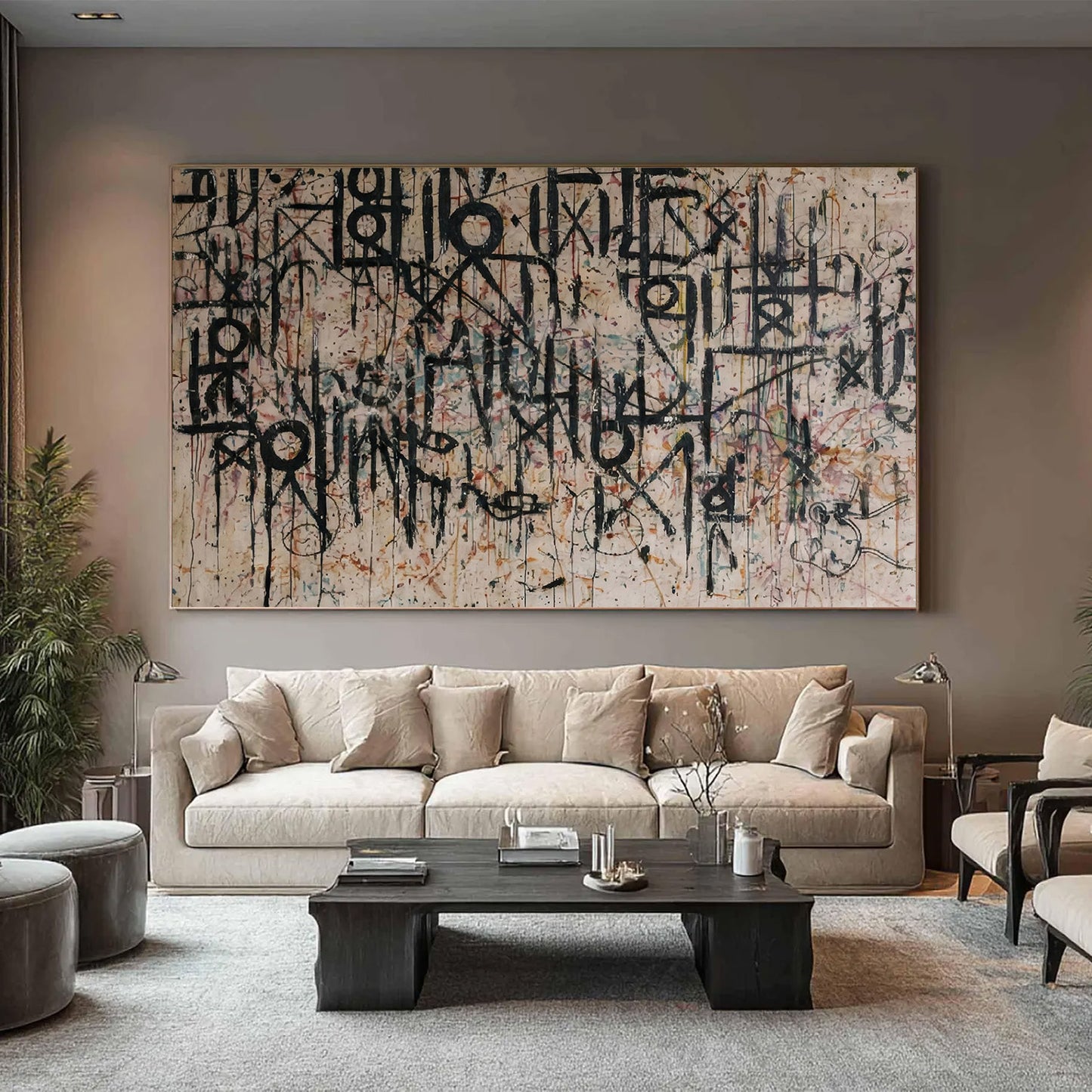 Large Black Calligraphy Wall Art on Beige Canvas