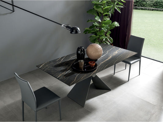 Altacom Sintesi extendable dining table closed with black marble effect ceramic top and cross base