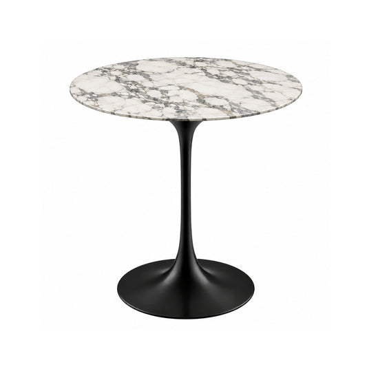 Arabesque Noir Tulip side table featuring a polished Arabescato marble tabletop with bold grey veining on a white background, paired with a sleek black tulip pedestal base. A luxury Italian designer side table for modern, contemporary, Scandinavian, and mid-century living room interiors.