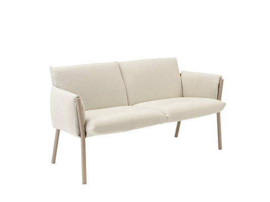 Front angled view of the Brezza 2900 two-seat sofa with cream upholstery, integrated armrests, and slim light metal legs.