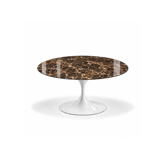 Bronze Imperial Tulip coffee table featuring a polished Emperador marble tabletop with rich brown tones and distinctive white veining, paired with a glossy white tulip pedestal base for luxury modern, contemporary, and mid-century living room interiors.