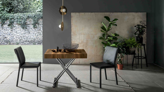 Calypso transforming coffee table by Altacom with thick old oak wood top and polished chrome metal base