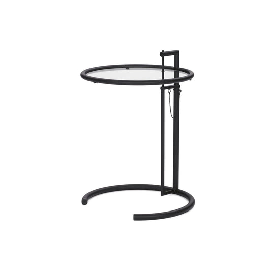 Eileen Gray E1027 adjustable black glass side table with a black tubular steel frame and circular glass top, a timeless modern designer accent table ideal for contemporary living rooms, bedrooms, and luxury interiors