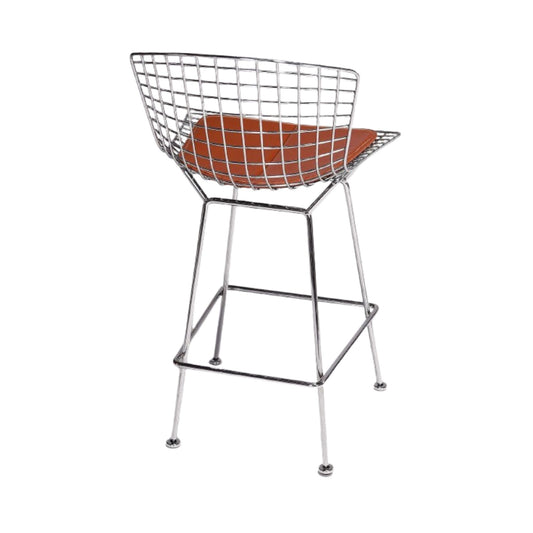 Harry Bertoia style wire bar stool with polished chrome steel wire frame, integrated footrest and premium tan leather seat pad, ideal for modern kitchen islands, breakfast bars and luxury commercial interiors.