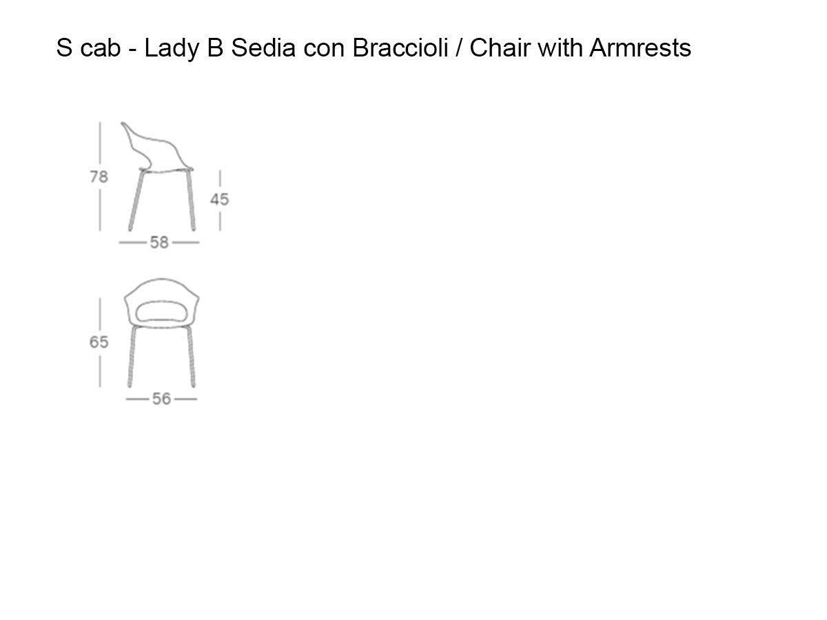 Technical drawing of the S•CAB Lady B Pop Chair with Armrests showing front and side views with overall dimensions, width, depth, and seat height.