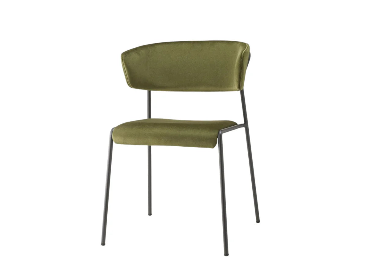 Front angled view of the Lisa 2851 upholstered dining chair with olive green fabric upholstery and a slim black metal frame.