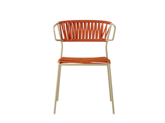 Front view of the Lisa Club chair with cream metal frame, terracotta woven seat and backrest, and integrated armrests.