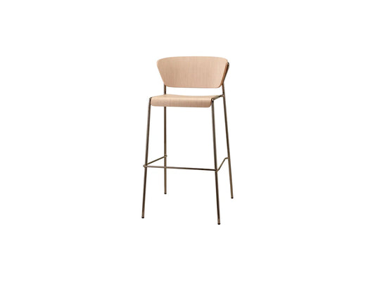 Front angled view of the Lisa Wood bar stool with a natural oak plywood seat and backrest, slim dark metal frame, and integrated footrest.