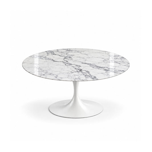 Marble Essence Tulip coffee table featuring a polished Arabescato marble tabletop with elegant grey veining and a glossy white tulip pedestal base, ideal for luxury modern, contemporary, Scandinavian, and mid-century living room interiors.