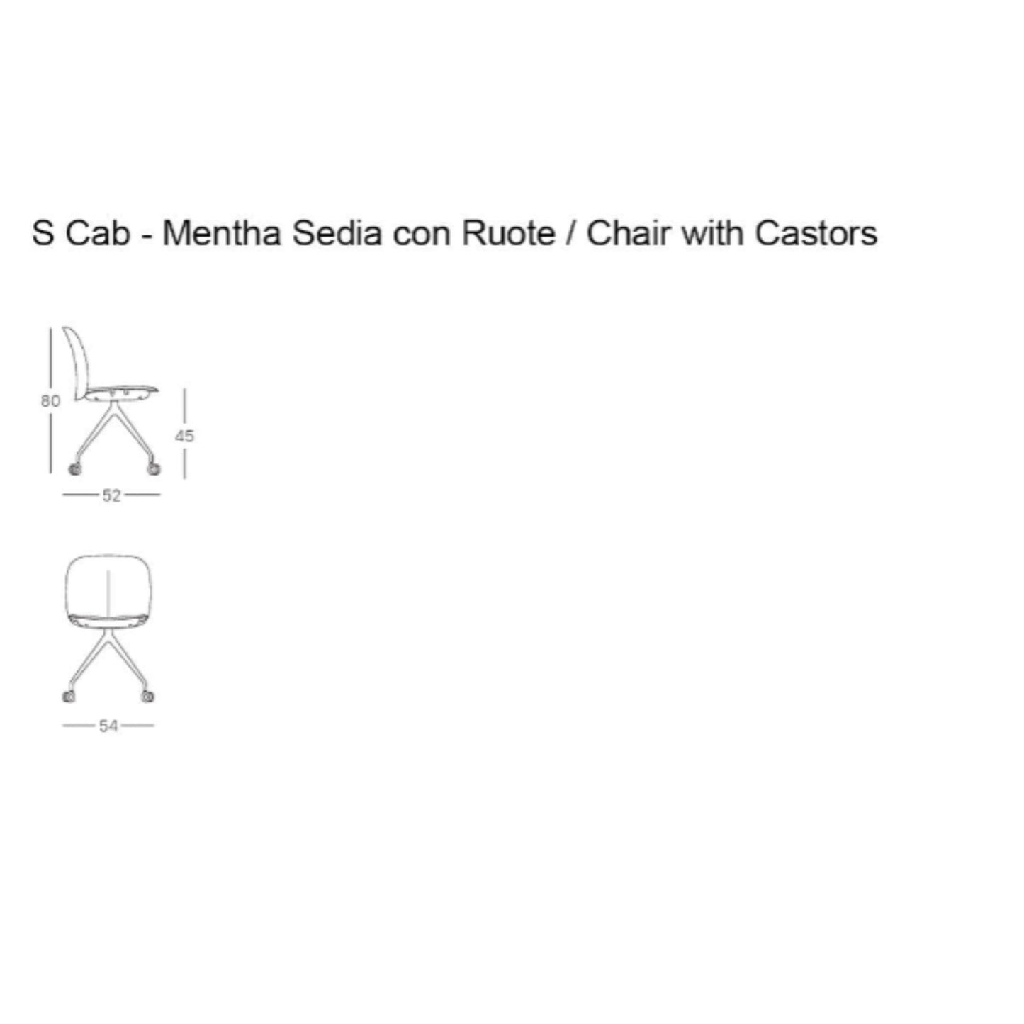 Technical drawing of the S•CAB Mentha office chair with castors showing front and side views with overall dimensions and seat height.