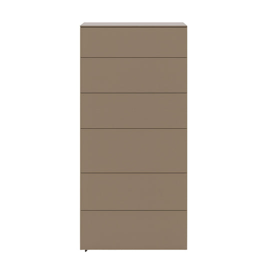 Brown dresser with multiple drawers on a white background