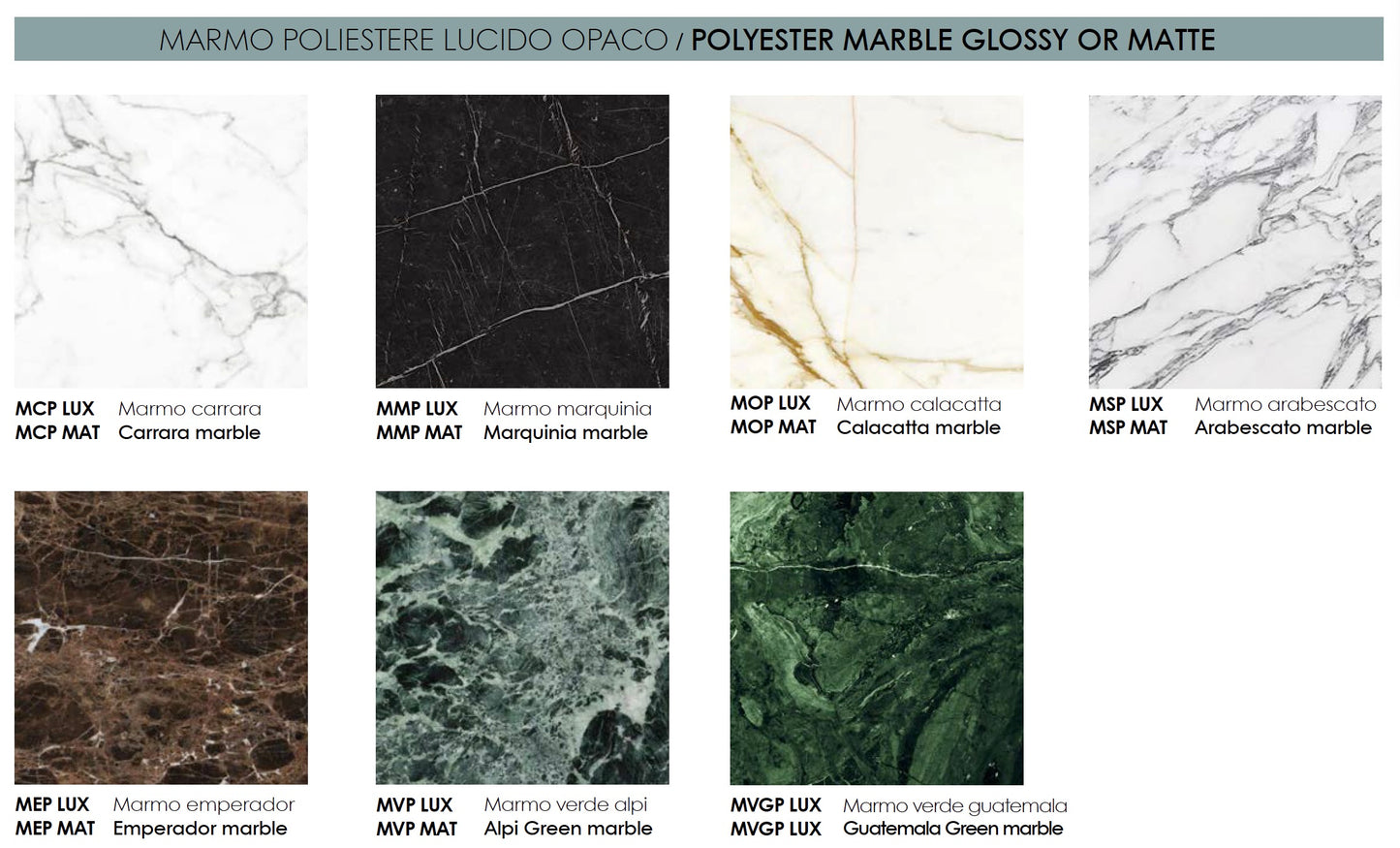 Collection of various marble finishes and textures on a white background