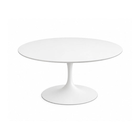 Round Tulip dining table with a white scratch-resistant liquid laminate tabletop and matching white cast aluminium pedestal base, handcrafted in Italy for modern dining interiors.