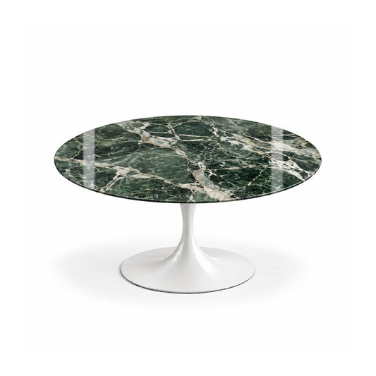 Verde Royale Tulip coffee table featuring a polished Verde Alpi marble tabletop with rich green tones and striking white veining, paired with a glossy white tulip pedestal base. An elegant choice for luxury modern, contemporary, and mid-century living room interiors.