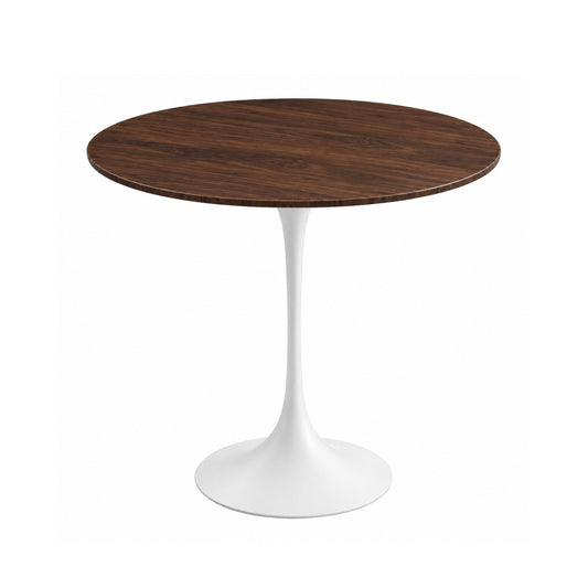 Walnut Crest Tulip side table featuring a dark walnut wood tabletop with a natural wood grain finish and a glossy white tulip pedestal base. An elegant Italian designer side table for modern, contemporary, Scandinavian, and mid-century living room interiors.