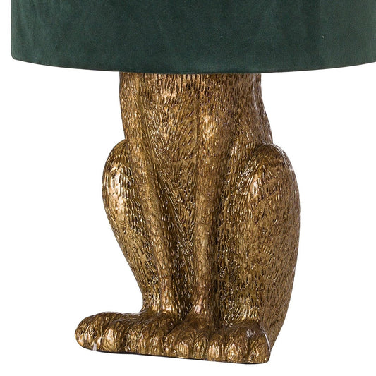 Antique gold hare table lamp with green velvet shade