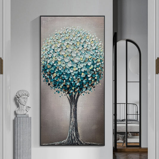 Oil painting of a contemporary art of textured blue fortune tree