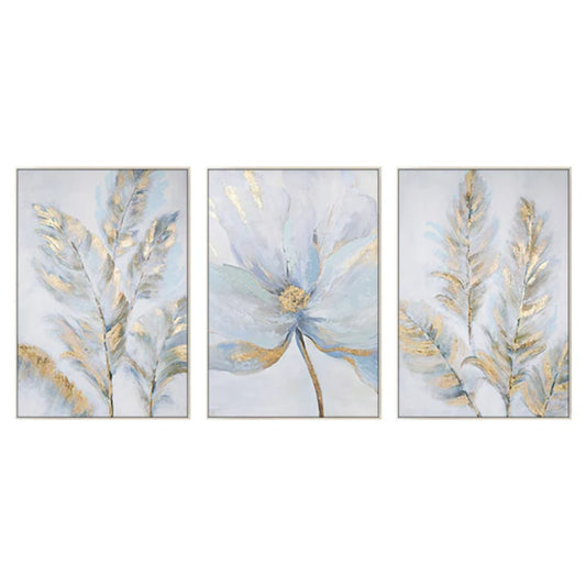 A set of 3 light-colored canvas paintings with golden flowers