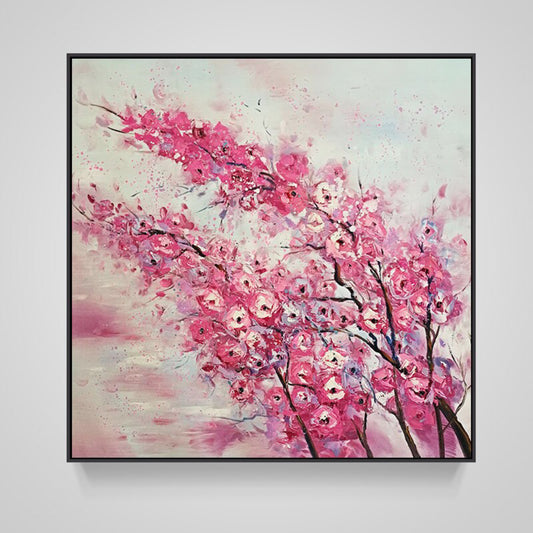 A modern handmade acrylic painting of pink colour textured flowers