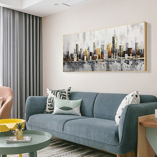 Handmade oil painting on canvas of an abstract cityscape