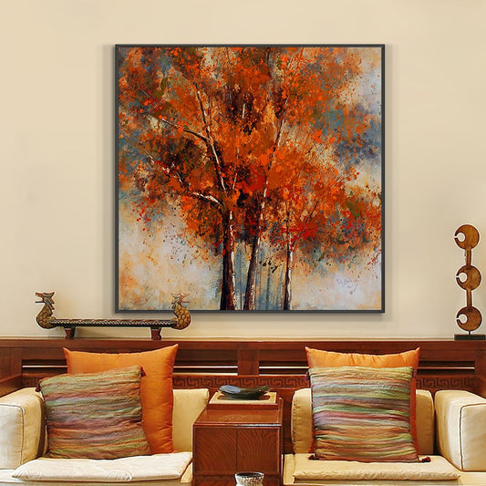 100% hand painted blooming red tree with yellow leaves wall art canvas