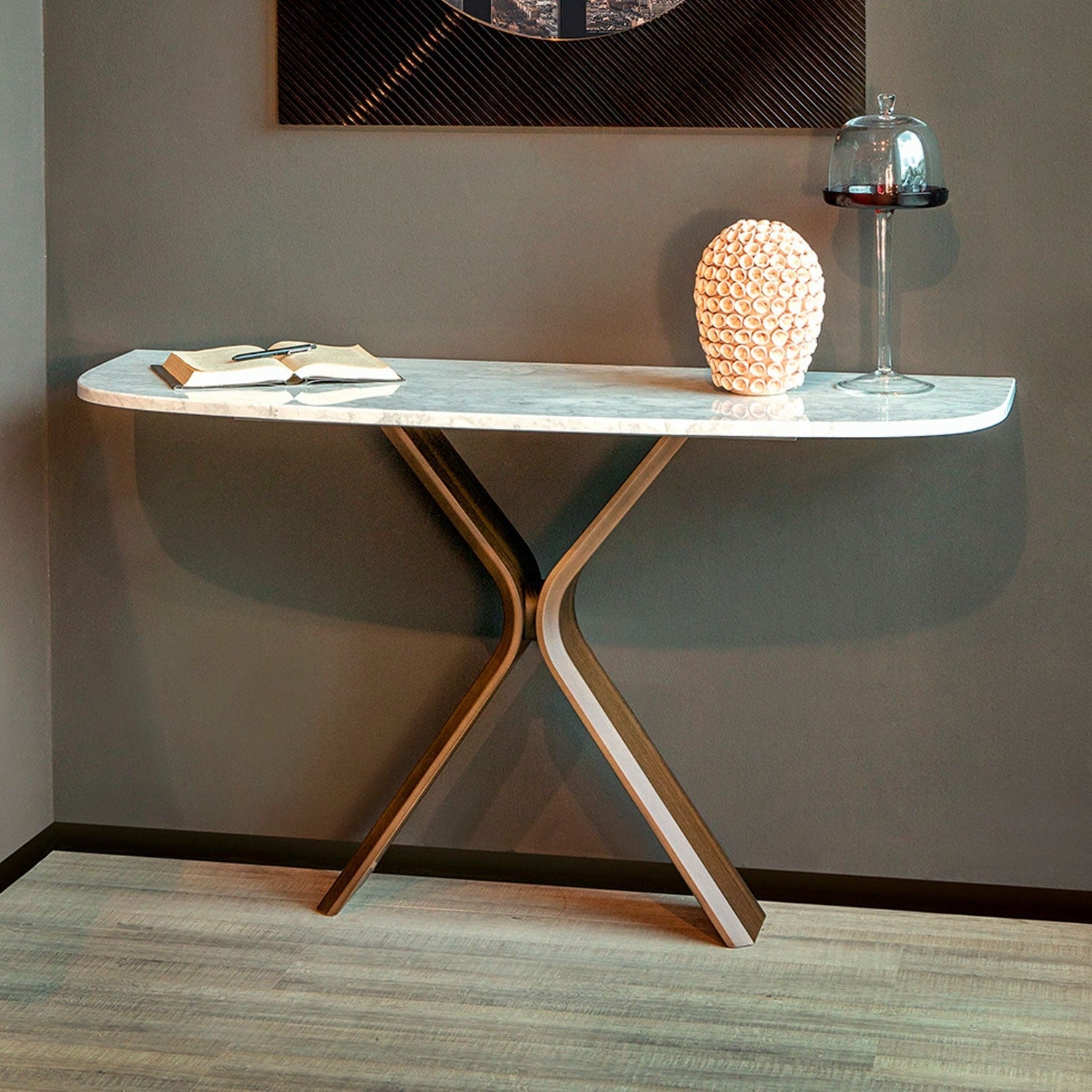 Still marble console table with Canaletto walnut base by Tonin Casa