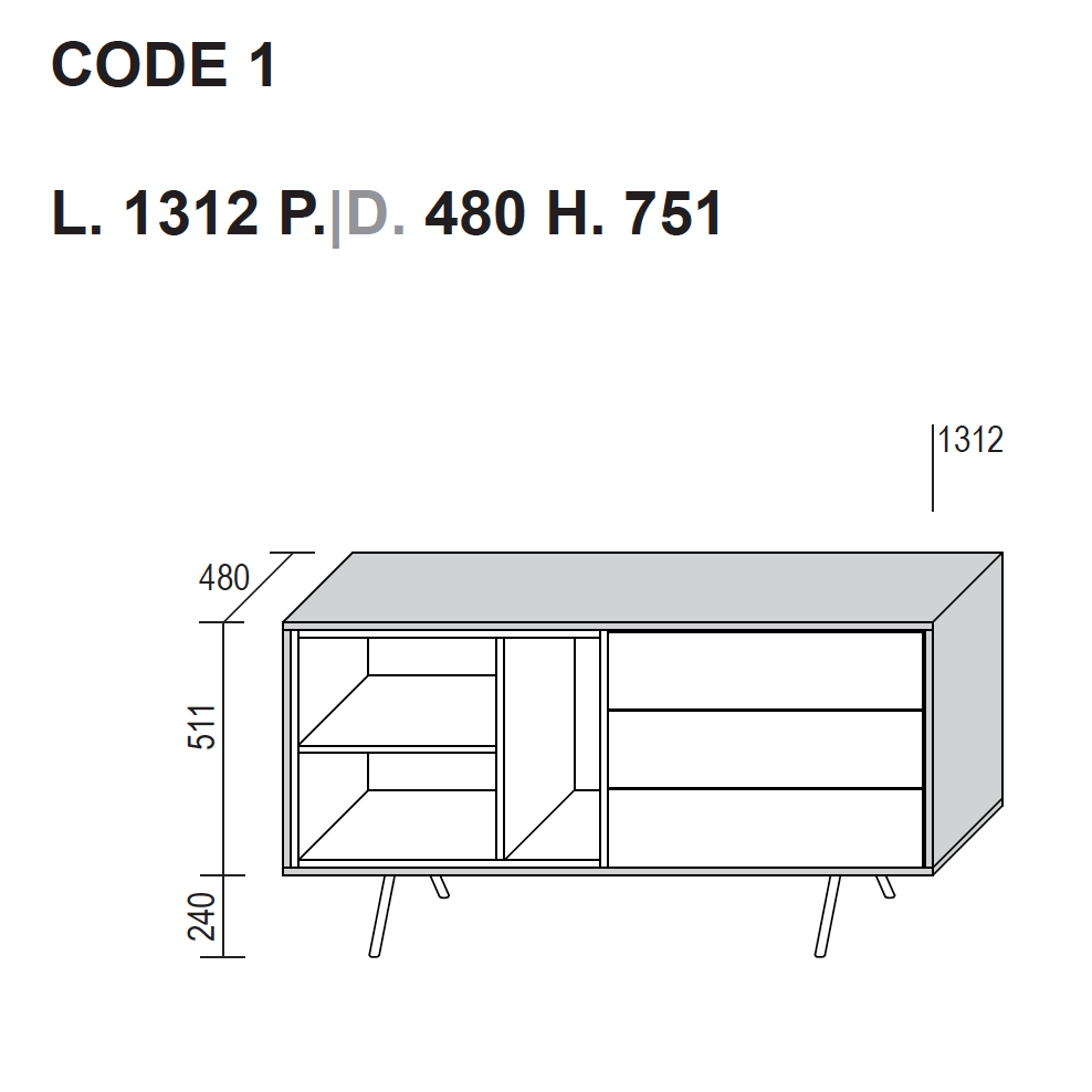 Code 1 modern small sideboard with open element by Dall'Agnese - myitalianliving