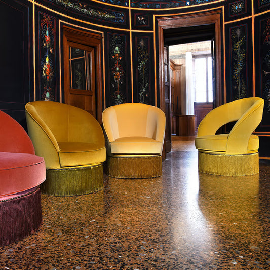 Dione Small Ocher Armchair with Fringes by Domingo Salotti