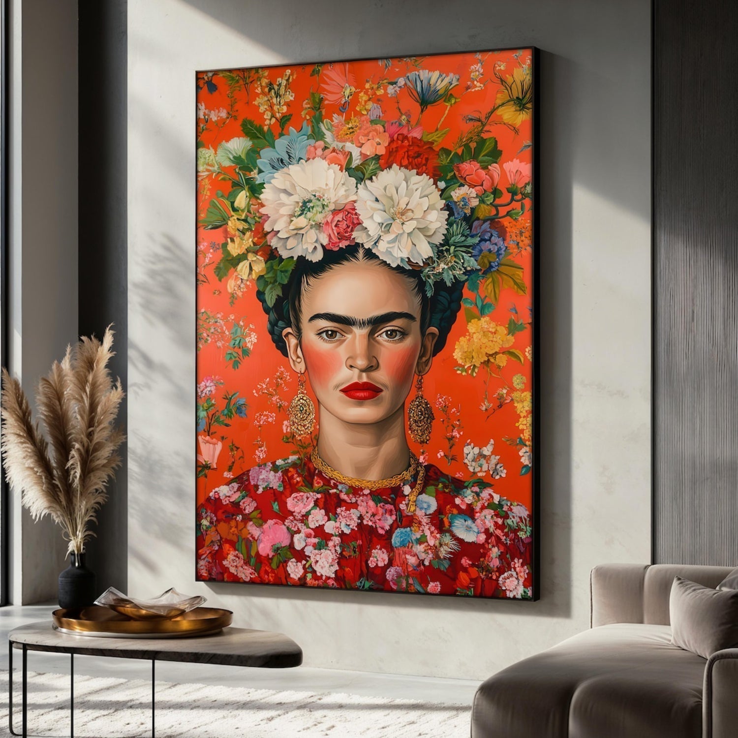 Luxury floral portrait canvas with vibrant red tones for contemporary interior décor.