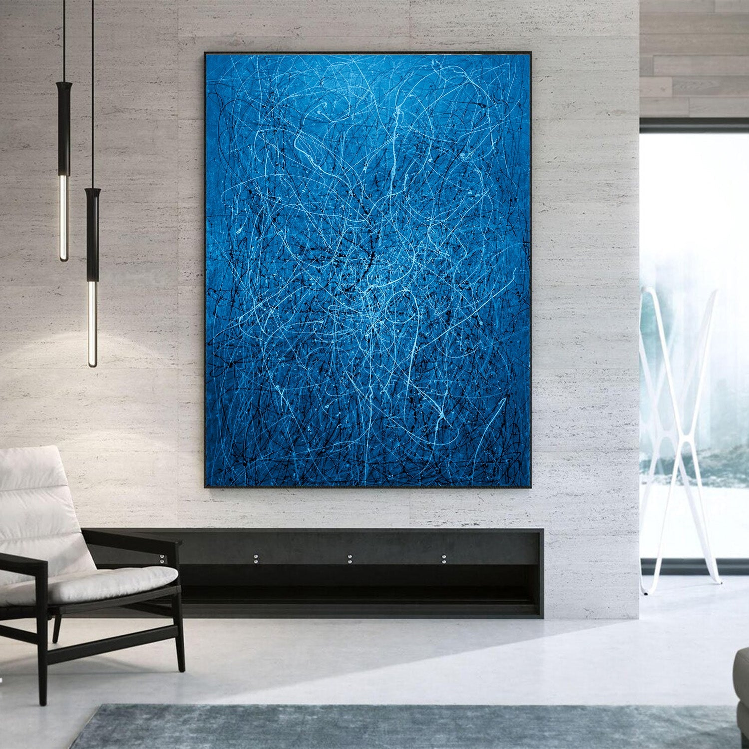 Large luxury blue abstract wall art with black and white drip texture for contemporary interiors.