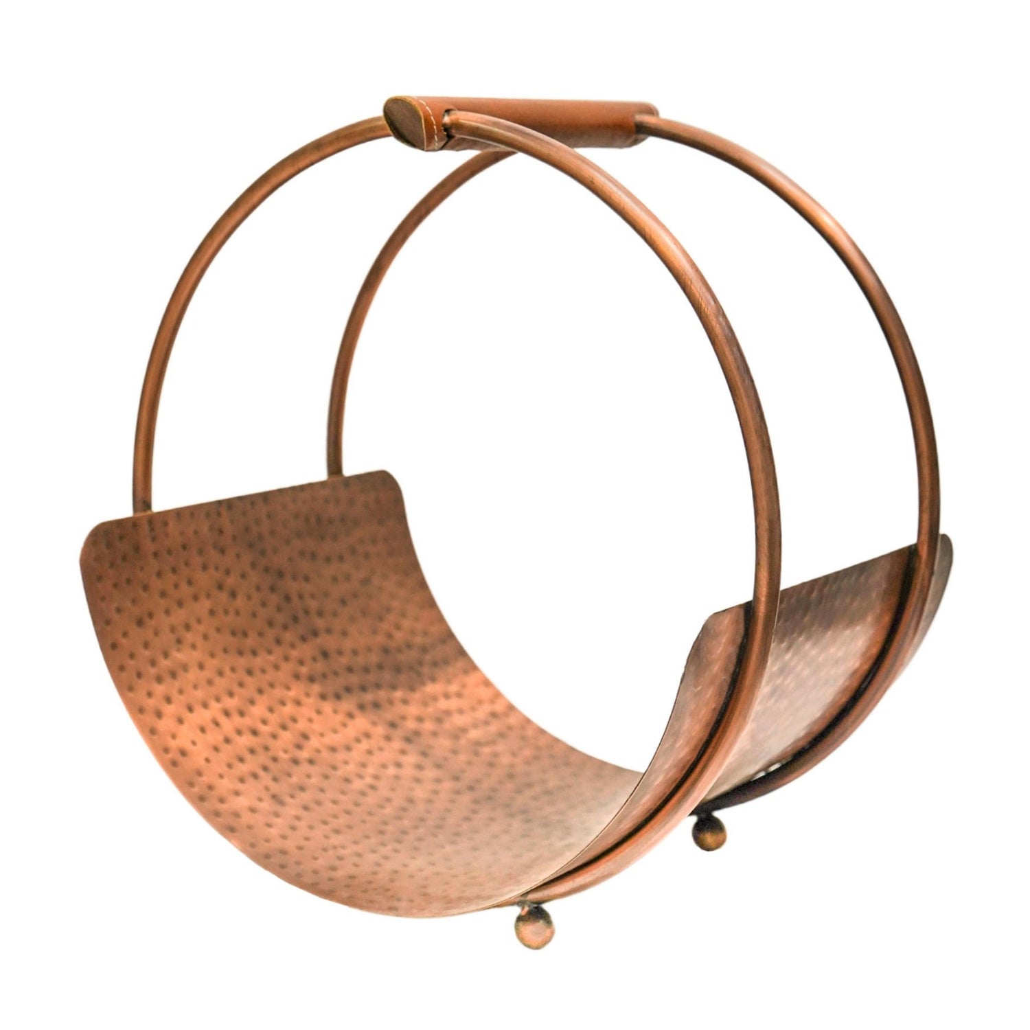 Luxury Leather Handle Round Copper Log Holder