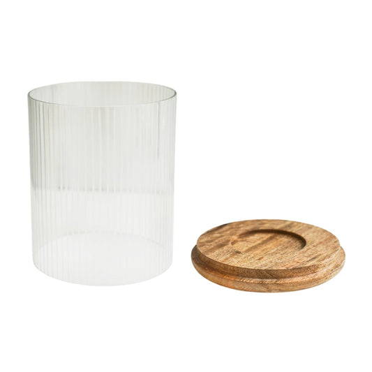 Amelia Ribbed Glass Candle Holder with Wooden Base