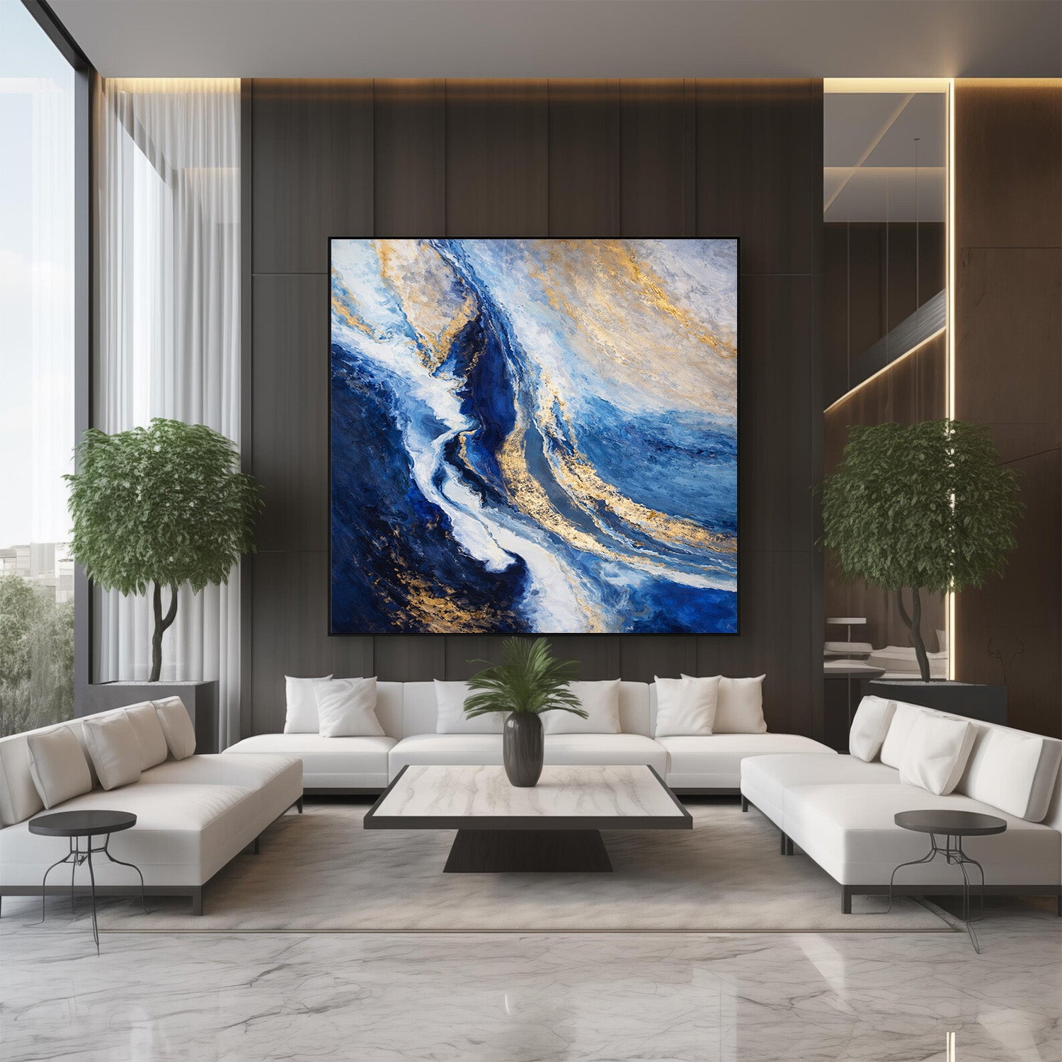 Modern living room with a large abstract painting on the wall, white sofa, and decorative plants.