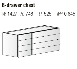 Technical drawing of an 8-drawer chest with dimensions.
