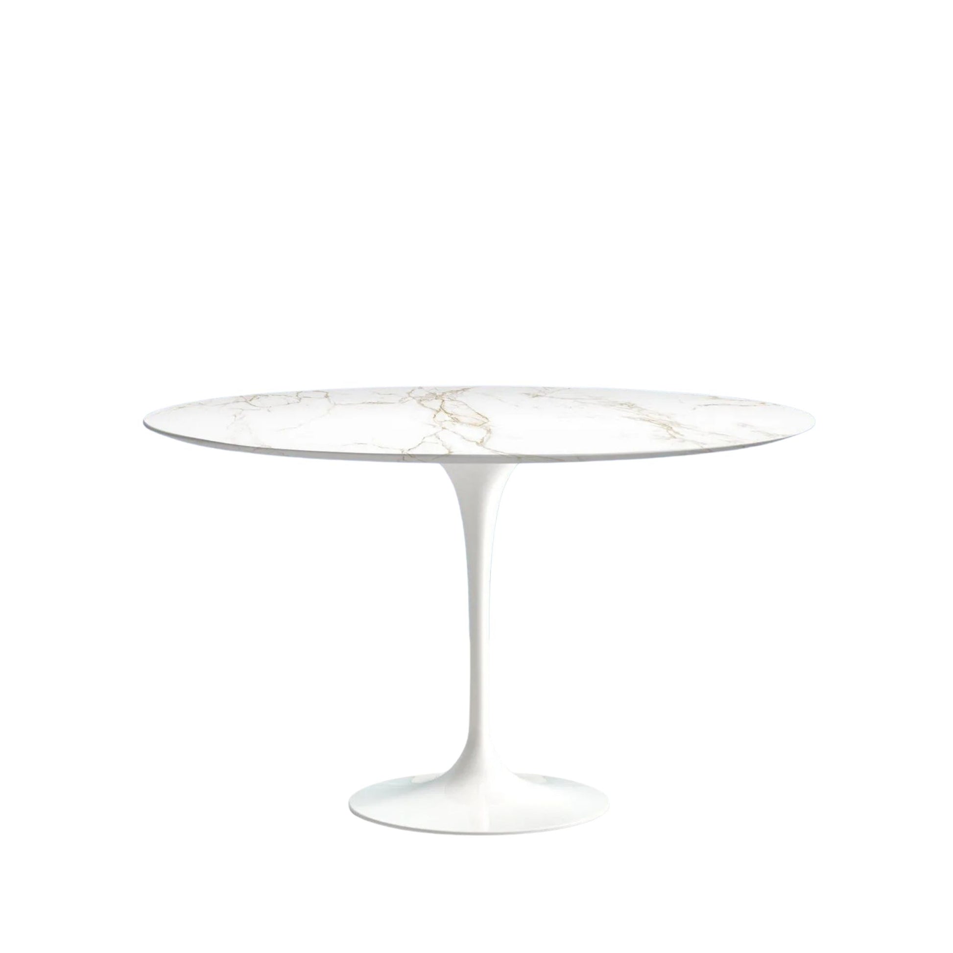 Round glass table with white pedestal base on a white background