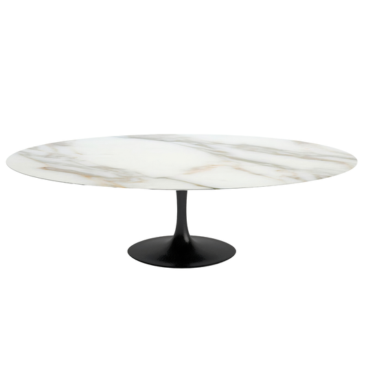 Marble-patterned oval table with a black base on a white background