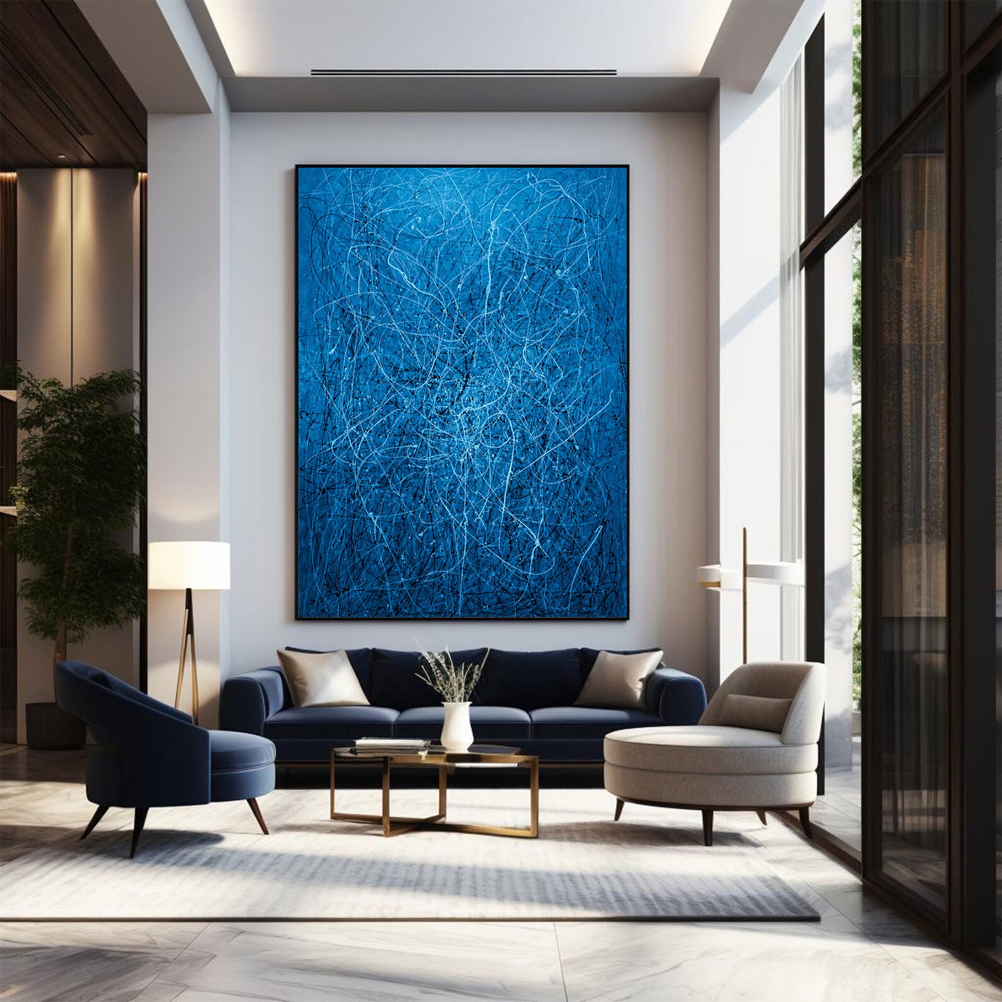 Large Blue Abstract Drip Painting on Canvas
