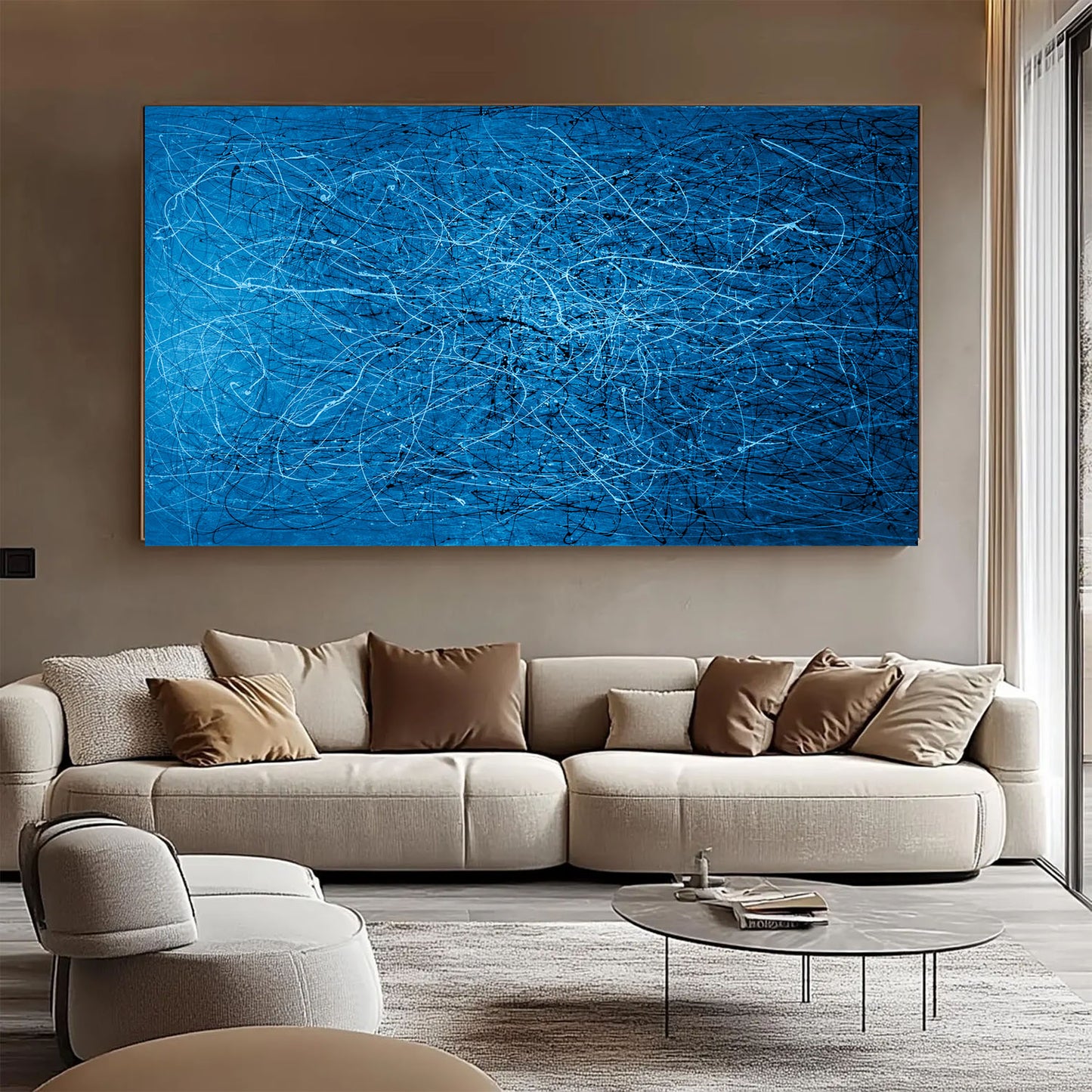 Large Blue Abstract Drip Painting on Canvas