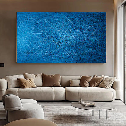Large Blue Abstract Drip Painting on Canvas