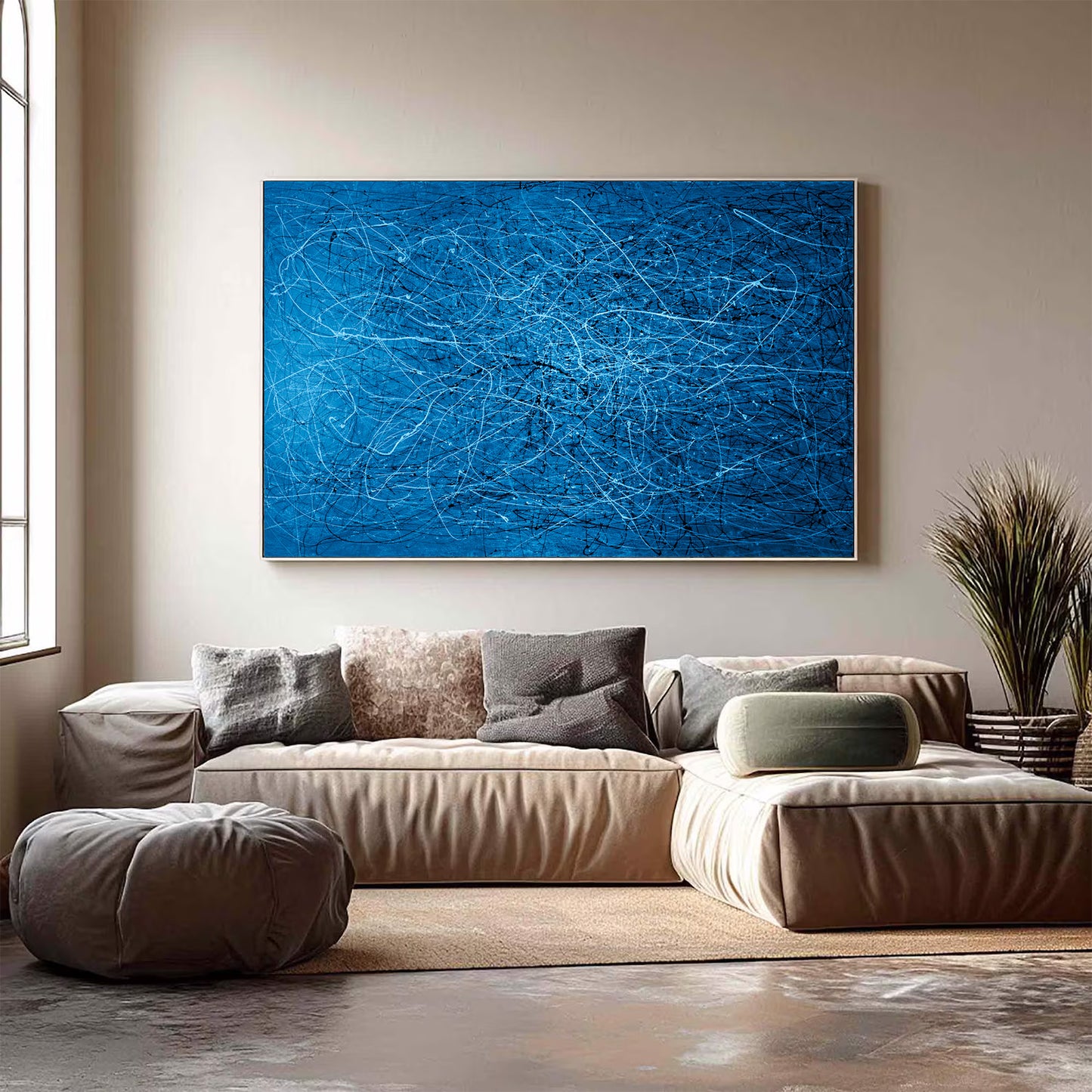 Large Blue Abstract Drip Painting on Canvas
