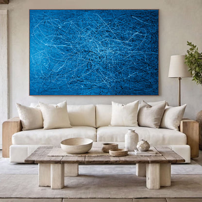 Large Blue Abstract Drip Painting on Canvas