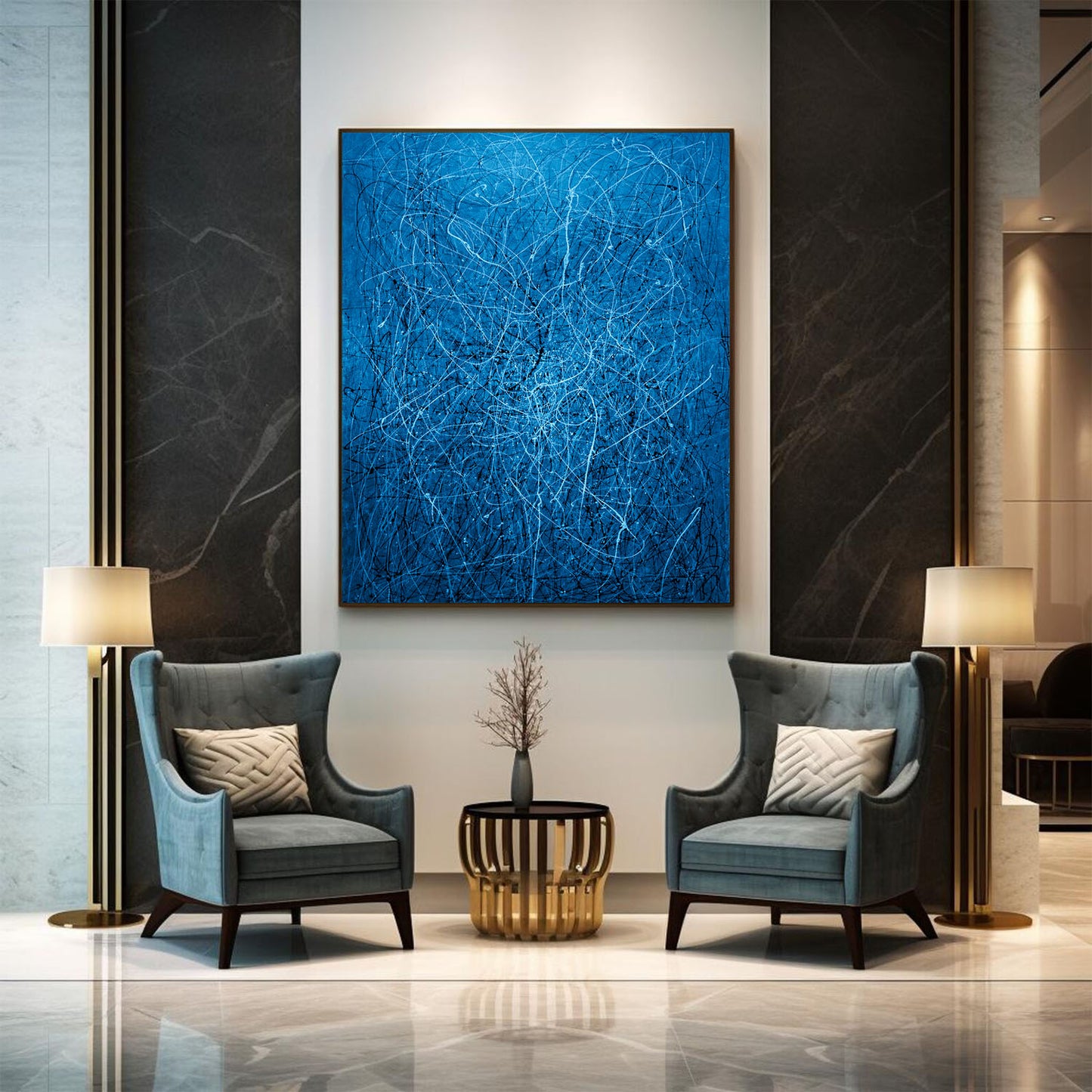 Large Blue Abstract Drip Painting on Canvas
