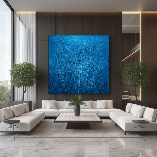 Large Blue Abstract Drip Painting on Canvas