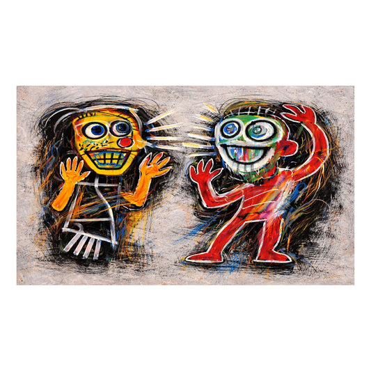 Two colorful abstract characters on a textured background