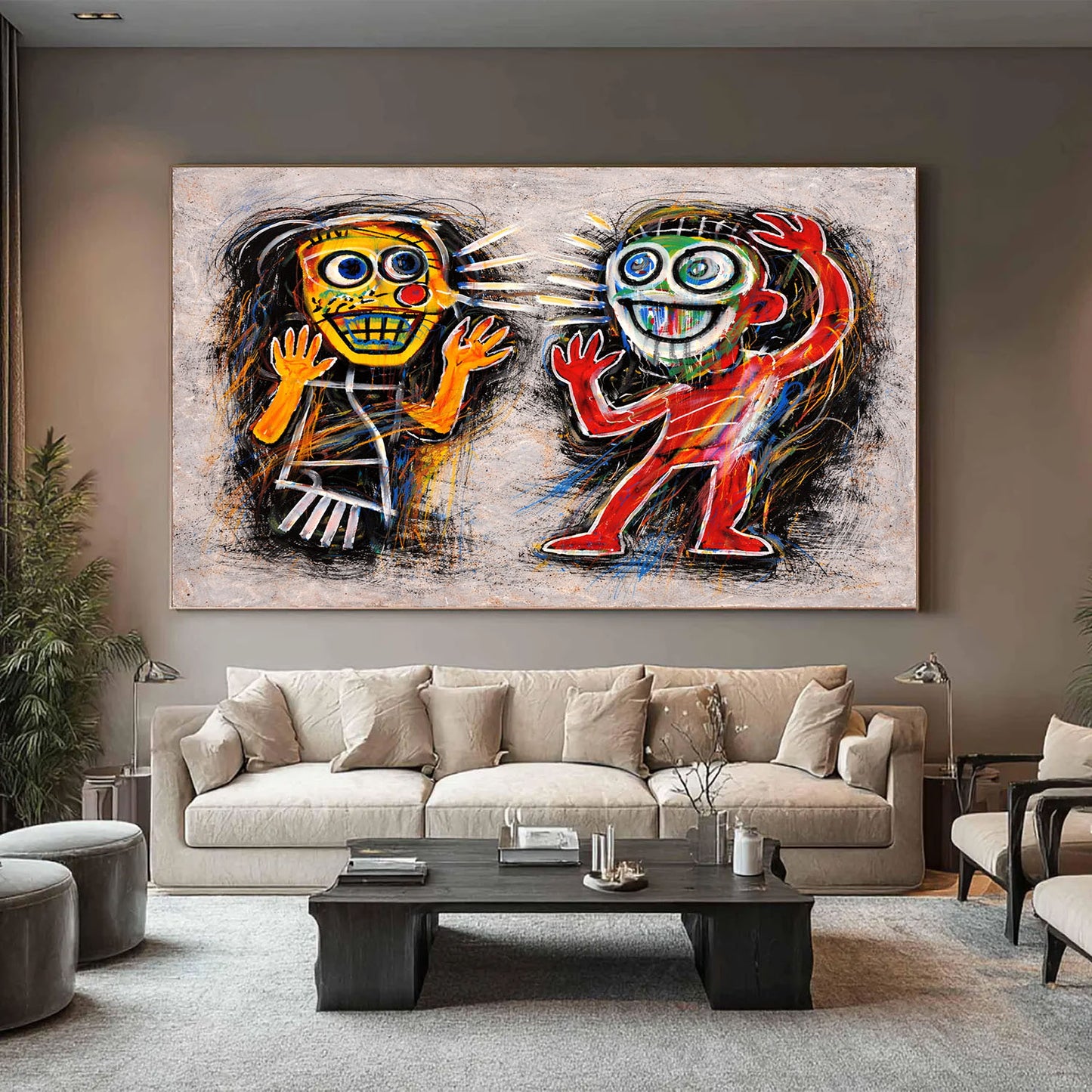 Modern living room with a large abstract painting on the wall.