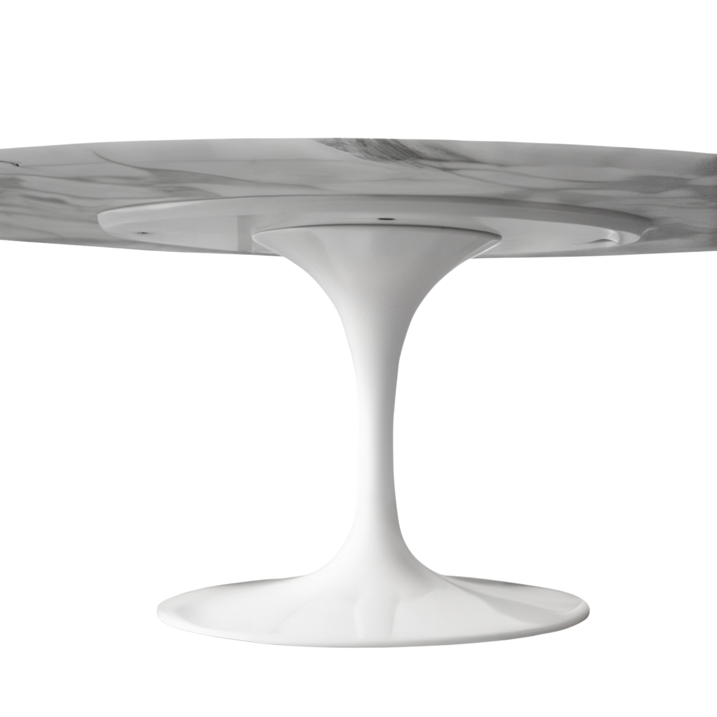 Modern dining table with marble-like top and white base on a white background