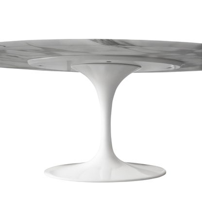 Modern dining table with marble-like top and white base on a white background